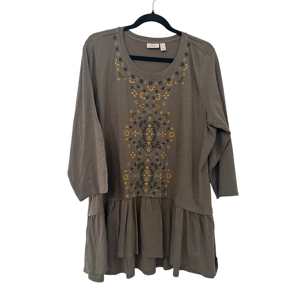 LOGO Lori Goldstein Embroidered Tunic Top XL Brown Olive Ruffle Hem boho peasant